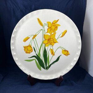 Vintage Ceramic Platter With Yellow Daffodil Design 12" Round Floral Serving Dis